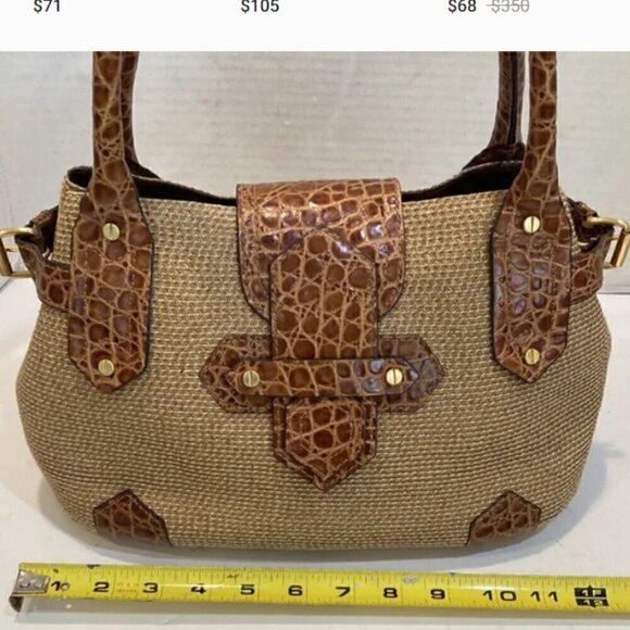Eric Javits New York Tan Raffia & Leather Reptile Print Shoulder Bag - Picture 5 of 10
